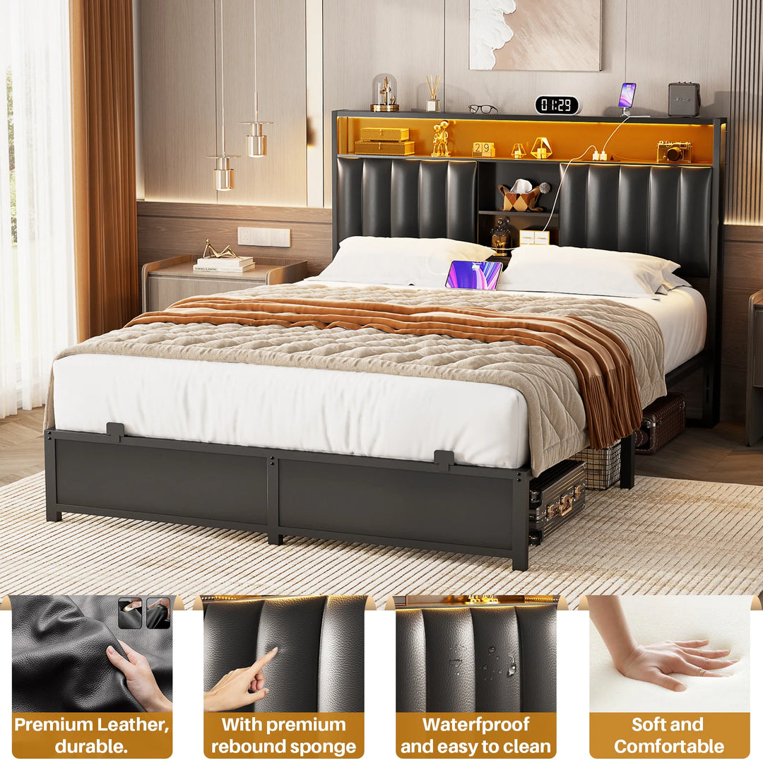 Upholstered Bed Frame with Storage Shelving, Platform Beds with Charge Station and LED Lights
