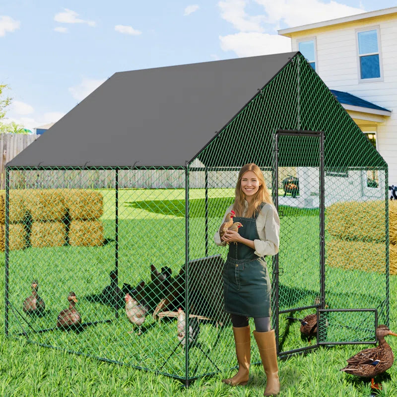 Upgraded Anti-Rust Metal Chicken Coop with Run Walkin Poultry Cage Habitat with Feeding Door, Waterproof and Snow /Rain Accumulation Prevent Cover for Backyard Farm Garden