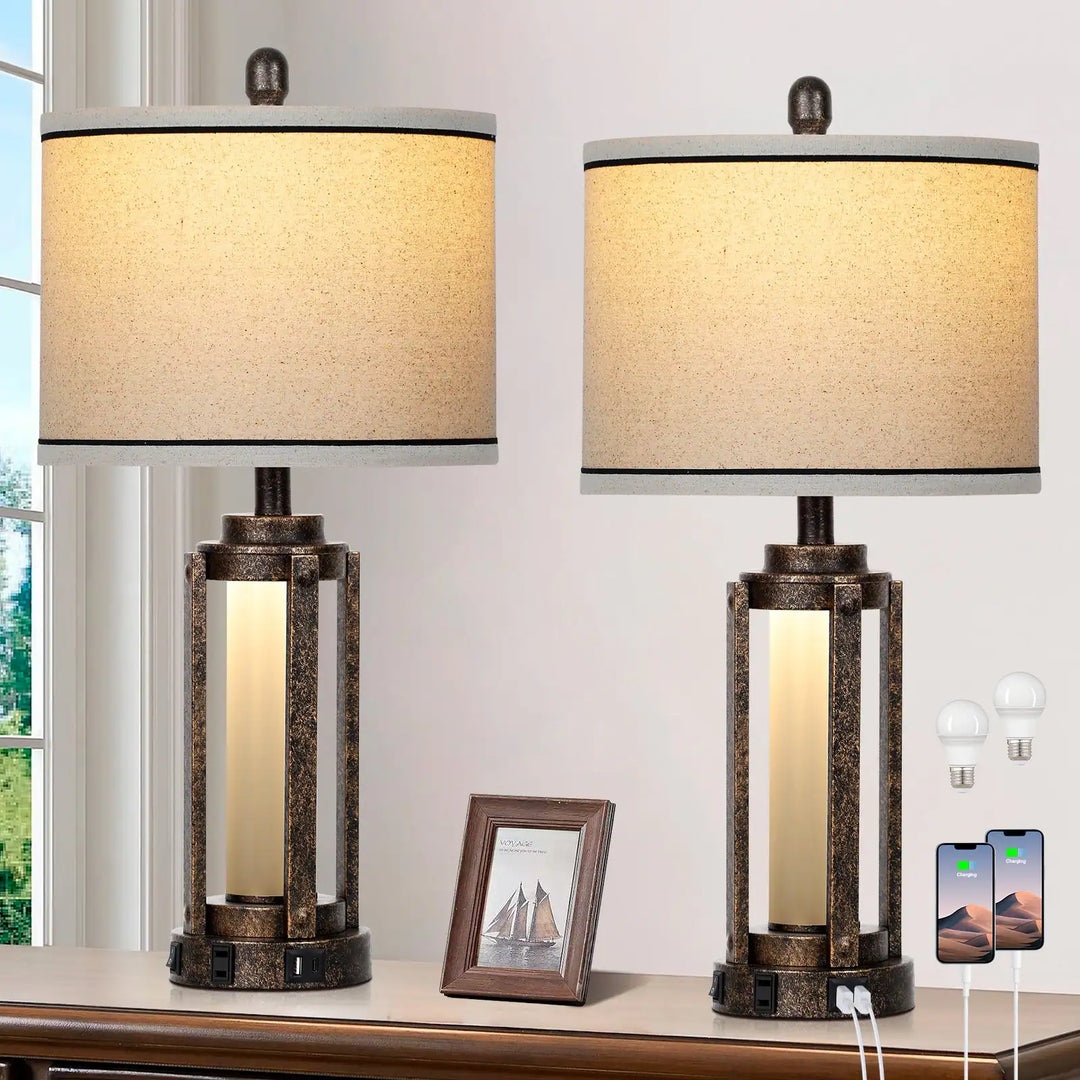 Set of 2 Roman Column Table Lamps with Nightlight and USB Port, Black and Gold