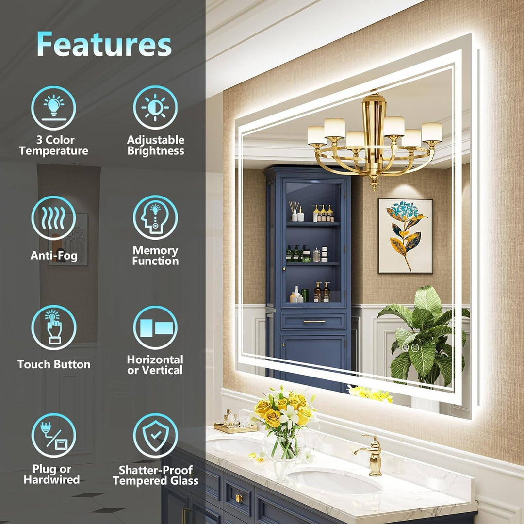 Full Size Front & Back LED Lighted Anti-Fog Tempered Glass Wall Bathroom Vanity Mirror, 3-Year Warranty & ETL Certification