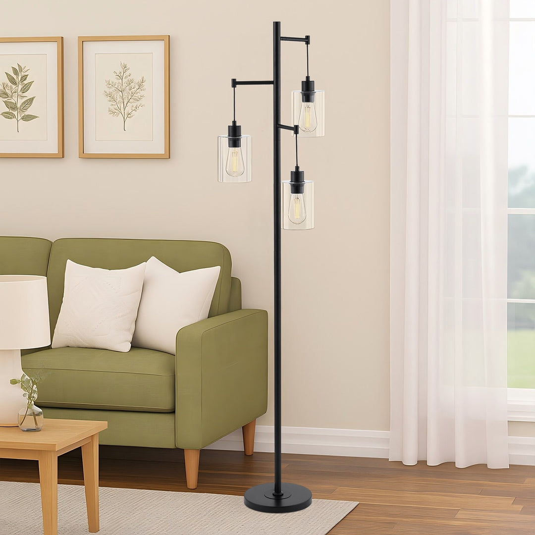 Getledel 69" Industrial 3-Light Tree Floor Lamp with Glass Shades