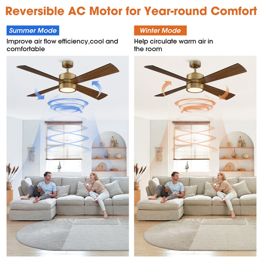 52" Antique Brass Plywood 4-Blade Indoor Ceiling Fan with Light and Remote