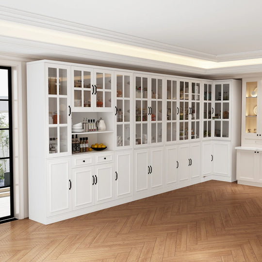 78.7"H Combo Buffet Sideboard White Curio Bookcase Cabinet Glass Door