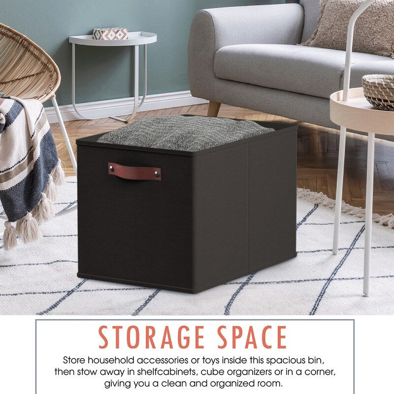 Foldable Collapsible Storage Box Bins Linen Fabric Shelf Basket Cube Organizer with Leather Handles - Set of 6