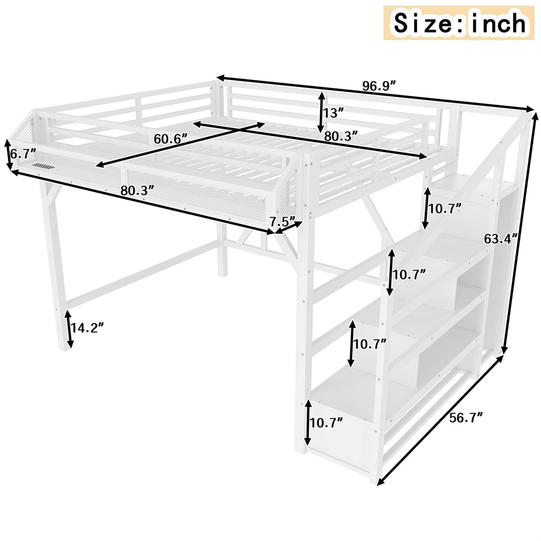 Queen Loft Bed with Storage Stairs, Shelves and Built-In Wardrobe, with USB Ports and LED Lights, Noise-Reduced Design
