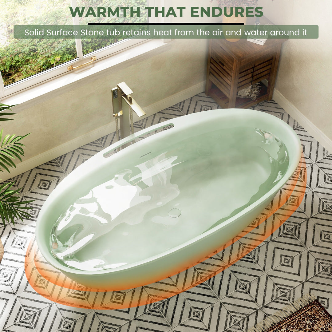 Luxury Flatbottom Solid Surface Freestanding Soaking Bathtub with Discreet Towel Slot and Drain Assembly