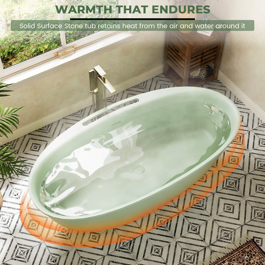 Luxury Flatbottom Solid Surface Freestanding Soaking Bathtub with Discreet Towel Slot and Drain Assembly