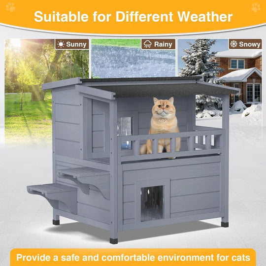 Heated Cat House, 2-Story Insulated Wooden Cat House with Liner, Heated Pad and Escape Door