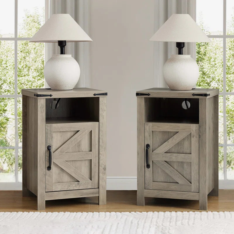 Farmhouse Night Stands with Charging Station, Set of 2, Bedside Table with Barn Door, End Table with Open Storage for Bedroom