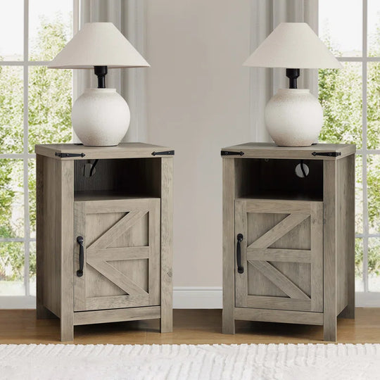 Farmhouse Night Stands with Charging Station, Set of 2, Bedside Table with Barn Door, End Table with Open Storage for Bedroom