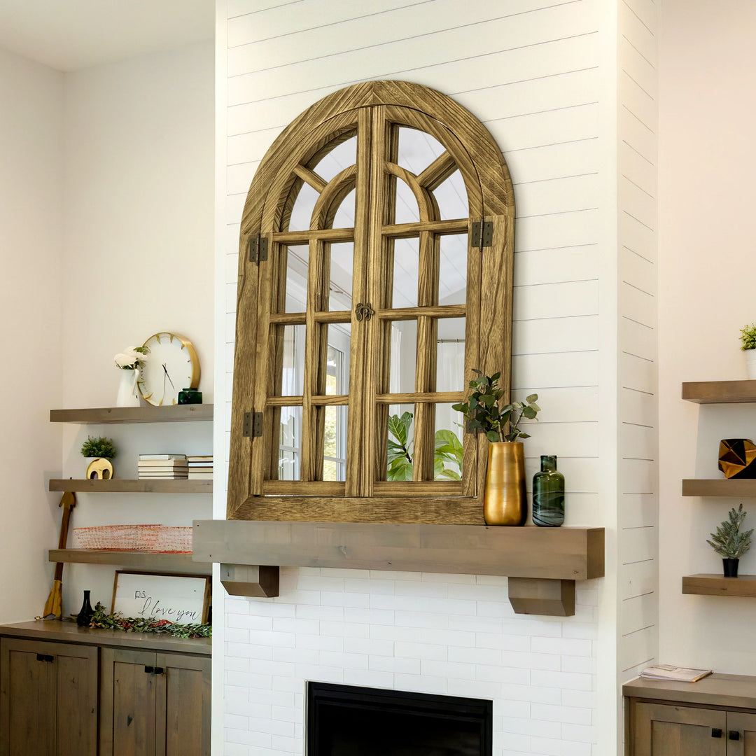Vintage Wood Windowpane Arched Wall Mirror