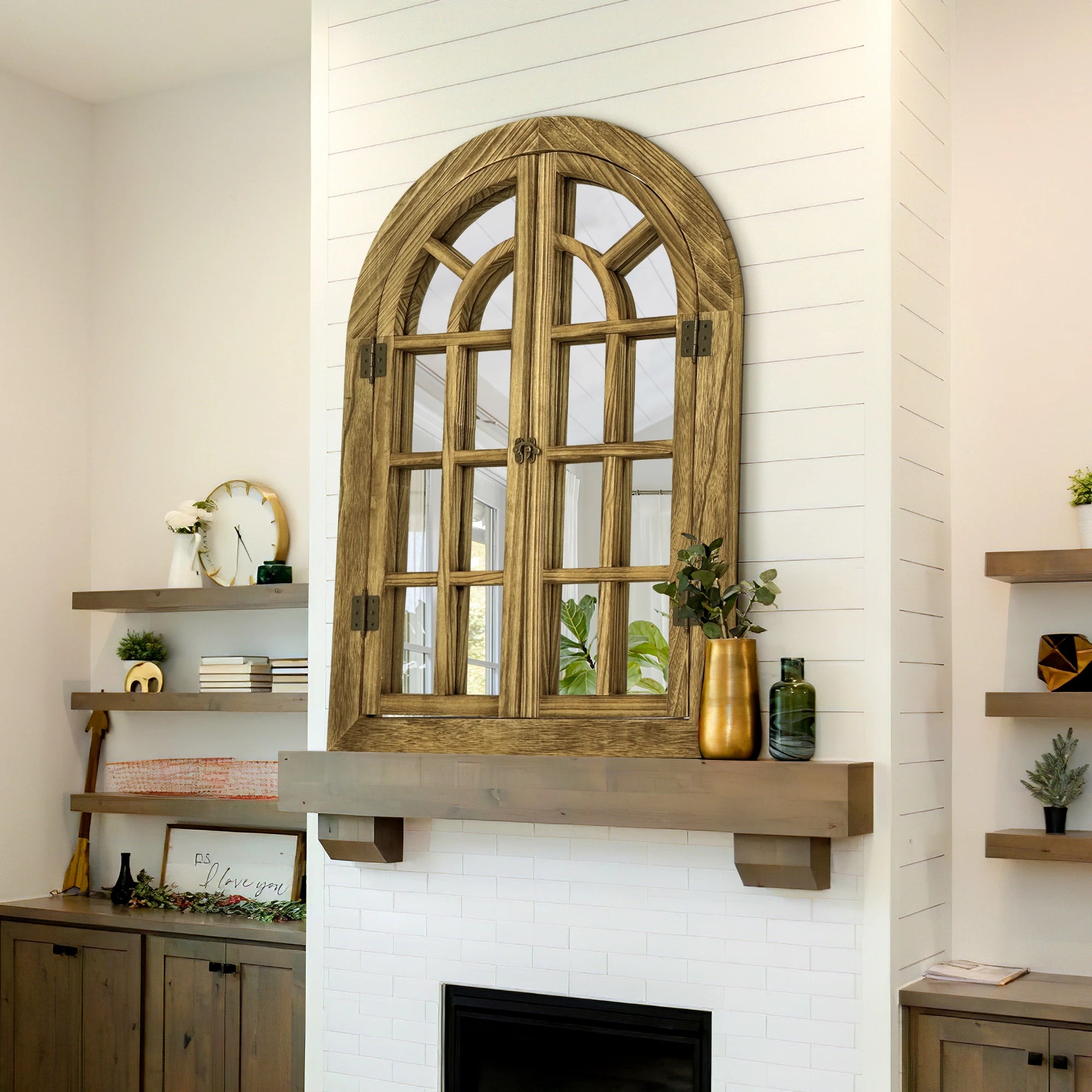 Vintage Wood Windowpane Arched Wall Mirror