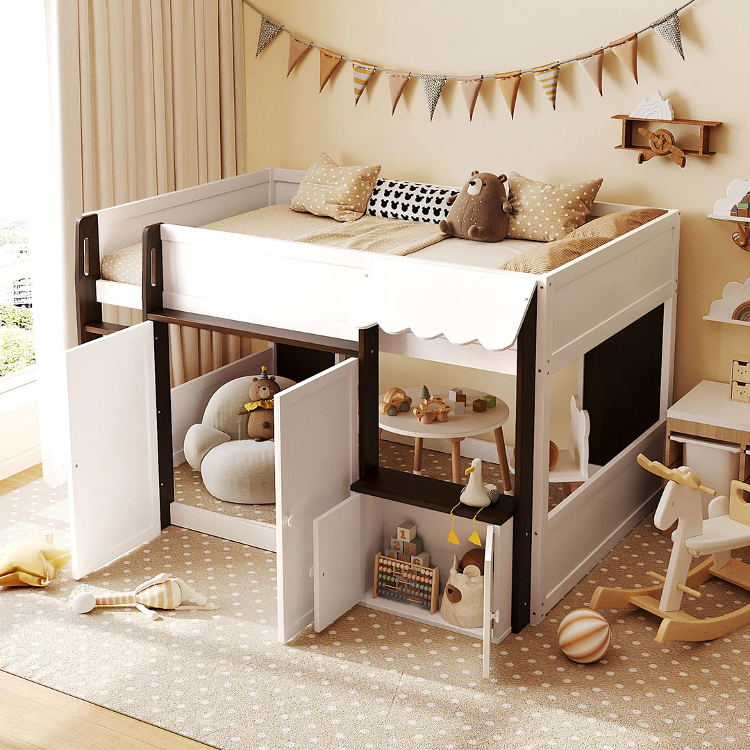 Full Loft House Bed with Playhouse Storage Modern Wood Cabin Bed for Kids
