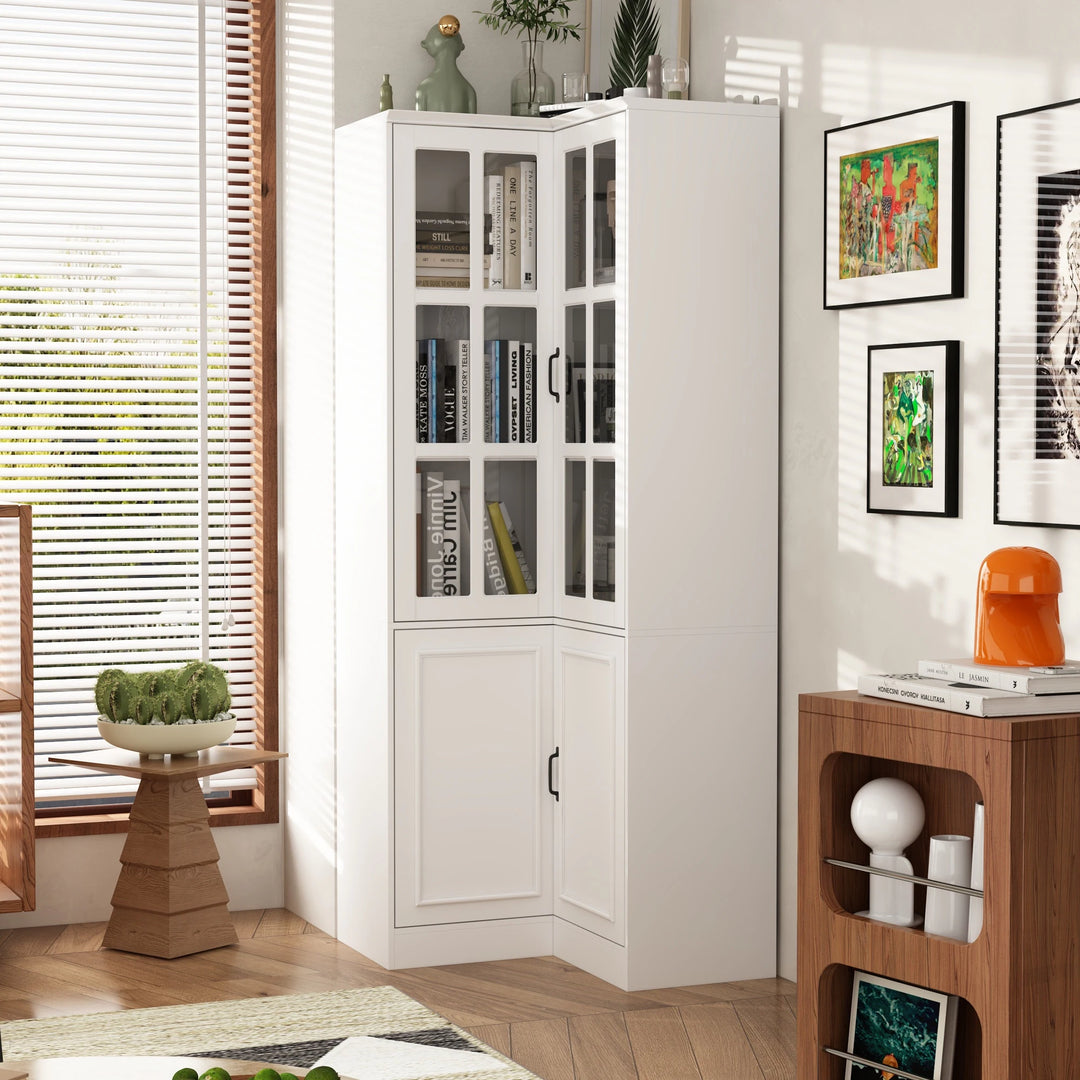 78.7"H Combo Buffet Sideboard White Curio Bookcase Cabinet Glass Door