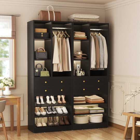 Grimm 28'' Closet Organizer with Shoe Racks and Drawers, Closet System with Hanging Rod and Adjustable Shelves