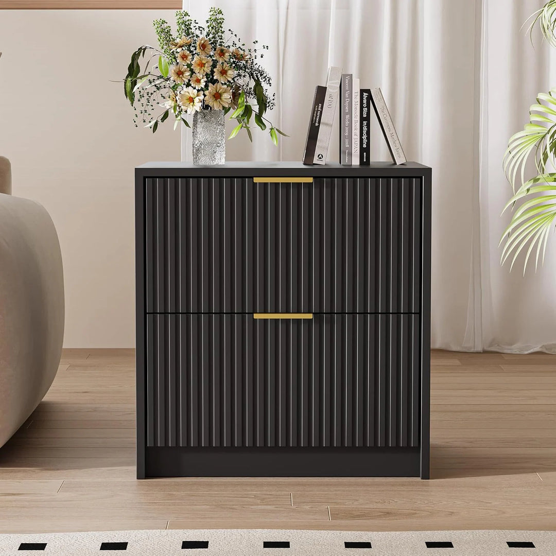 Set of 2 Fluted Nightstand with 2 Drawers, Modern Storage Bedside Table Wooden End Table for Bedroom