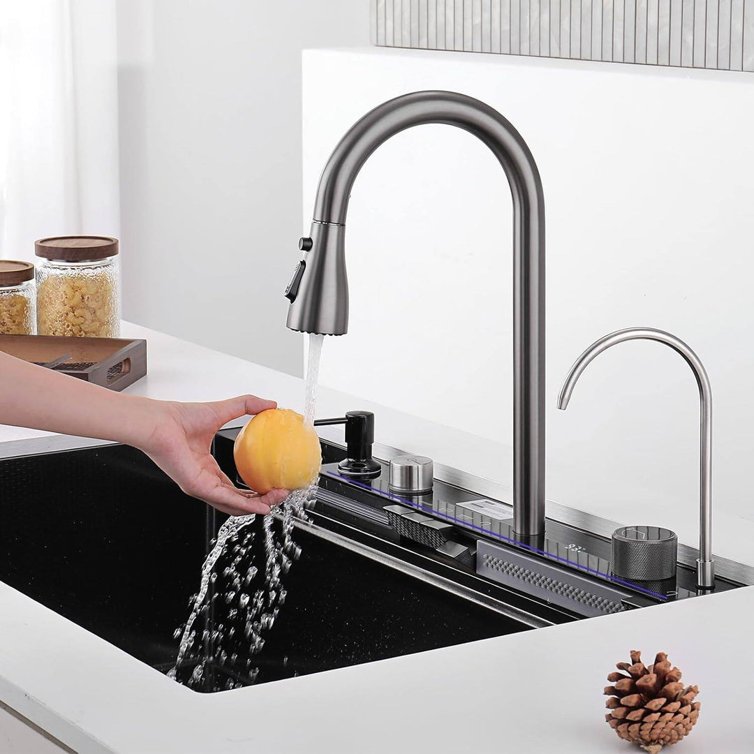 New 33"X22" Stainless Steel Waterfall Kitchen Sink with Temperature Display in Fahrenheit, Pull-Down, KS2206L-PRO
