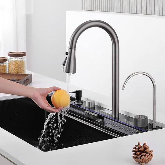 New 33"X22" Stainless Steel Waterfall Kitchen Sink with Temperature Display in Fahrenheit, Pull-Down, KS2206L-PRO