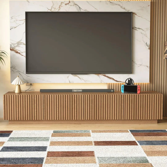 86.6" Modern Walnut TV Stand with Grille Doors & Storage for 90" Tvs - 86.6"Wx15.9"Dx17.5"H