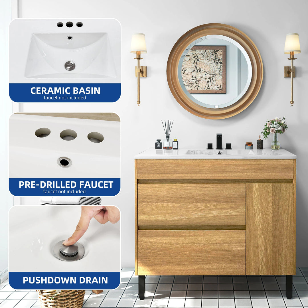 37" Freestanding Single Bathroom Vanity with 1 Soft Closing Cabinet & 2 Drawers