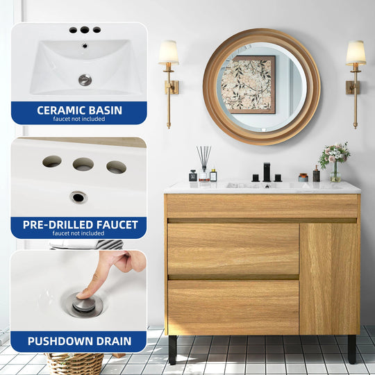 37" Freestanding Single Bathroom Vanity with 1 Soft Closing Cabinet & 2 Drawers