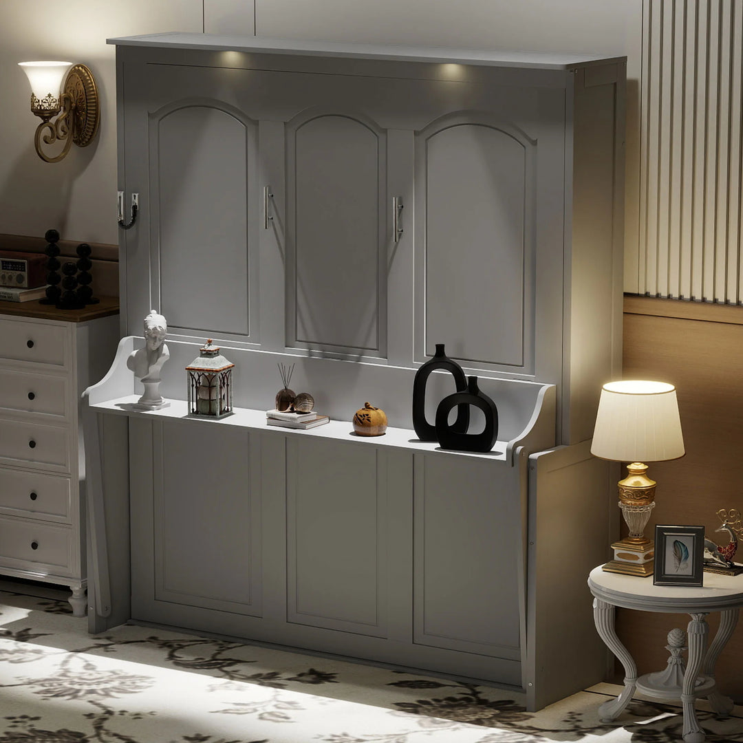 Queen Size Murphy Bed with Fold-Down Desk, Dual LED Lights & Built-In USB Power Station