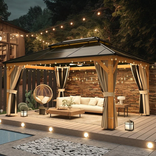 Hardtop Wood Gazebo with Double Roof – Free Dust Cover with 12X16 or 12X20 Model – Waterproof Outdoor Gazebo