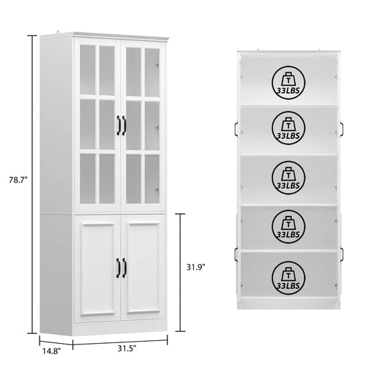 78.7"H Combo Buffet Sideboard White Curio Bookcase Cabinet Glass Door