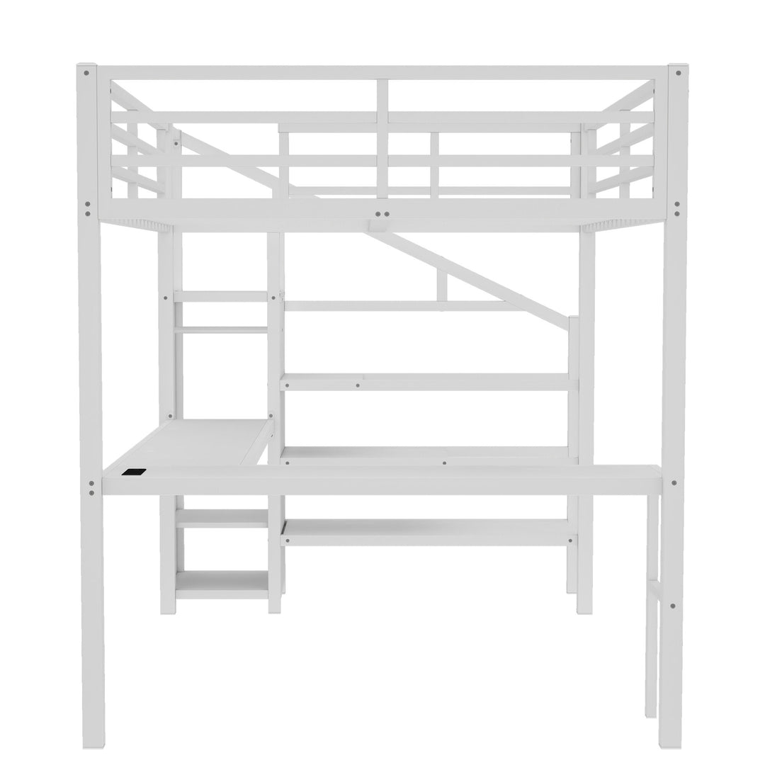 Queen Size Esports Gaming & Work Loft Bed with L-Shaped Desk, USB, LED, Wardrobe and Adjustable Shelf, Versatile Metal Bed Frame