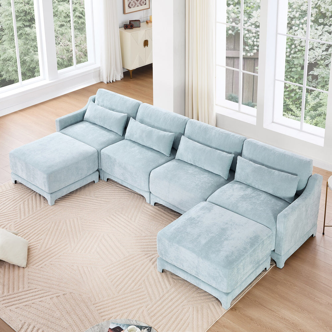 Modern Chenille 4-Seater Sofa with 2 Ottoman, Lumbar Cushions, Ergonomic Backrest, High-Resilience Spongeand Tufted Armrests