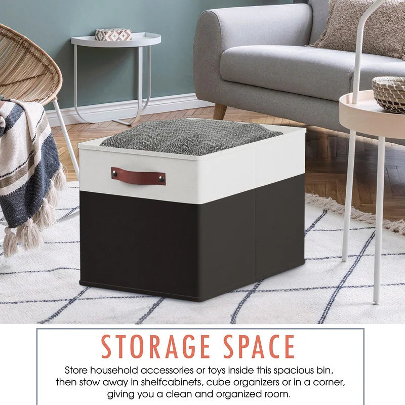 Foldable Collapsible Storage Box Bins Linen Fabric Shelf Basket Cube Organizer with Leather Handles - Set of 6