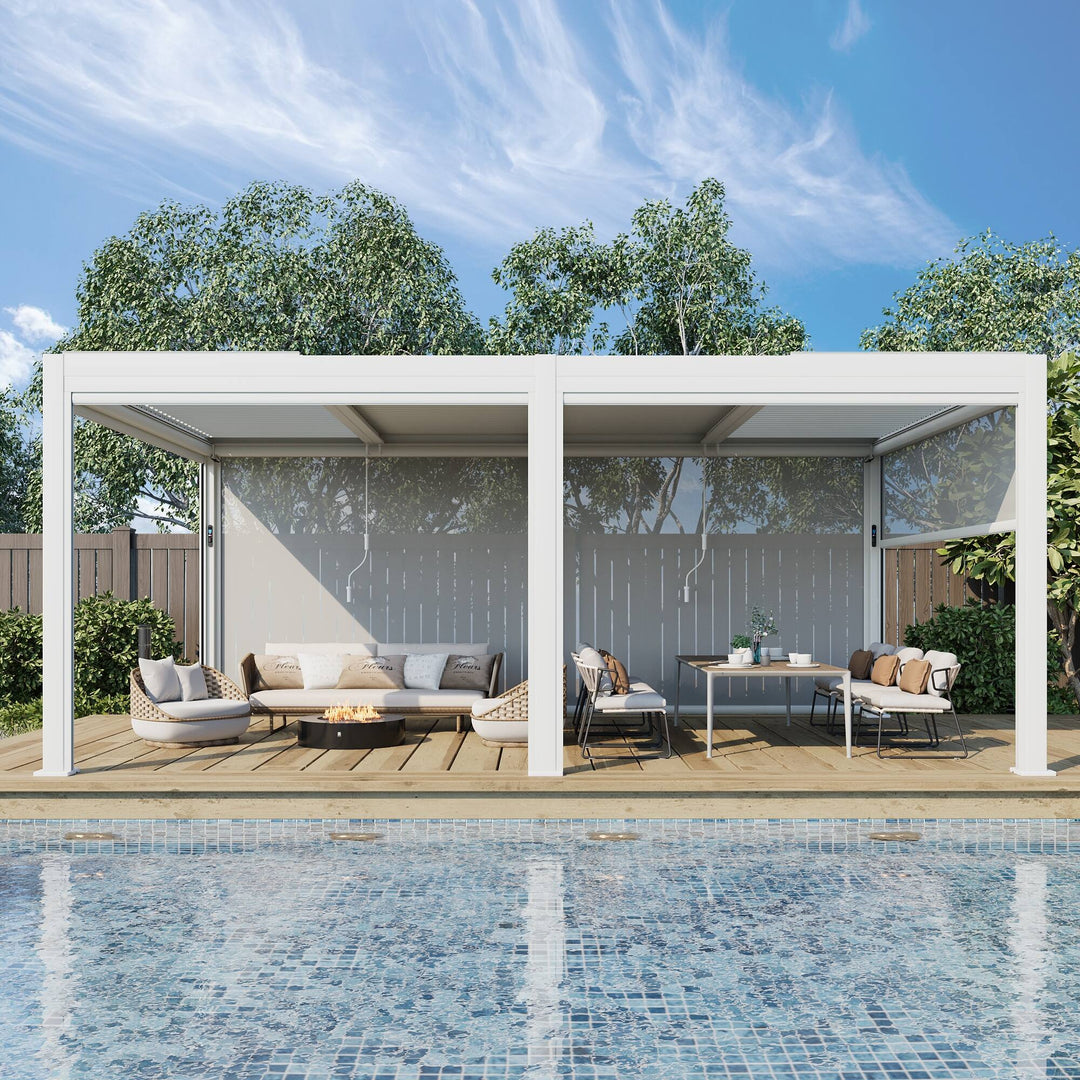 Outdoor Louvered Pergola Gazebo with Adjustable Aluminum Rainproof Roof and Pull-Down Screen