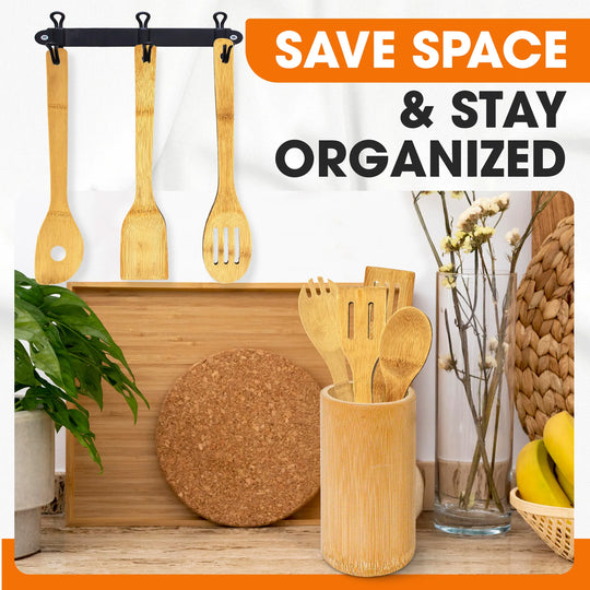 8-Piece Bamboo Wooden Cooking Utensils Set with Holder