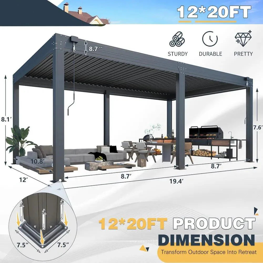 Outdoor Louvered Pergola Gazebo with Adjustable Aluminum Rainproof Roof and Pull-Down Screen