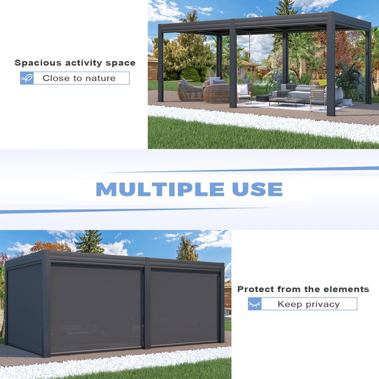 Outdoor Louvered Pergola Gazebo with Adjustable Aluminum Rainproof Roof and Pull-Down Screen