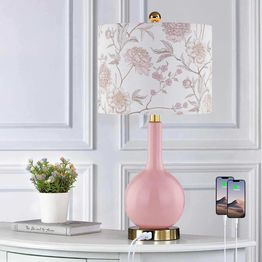 Pink Ceramic Table Lamp with Dimmable Touch Control and Dual USB Charging Ports