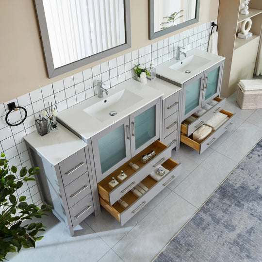 96" Double Sink Bathroom Vanity Set 10 Dove-Tailed Drawers, 3 Cabinets, 2 Shelves Soft-Closing Doors with Free Mirror