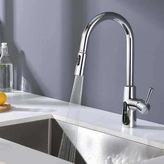 Pull-Down Kitchen Faucet with Temperature Display in Fahrenheit, 3 Water Outlet Modes, Faucet for Kitchen Sink, KF2501