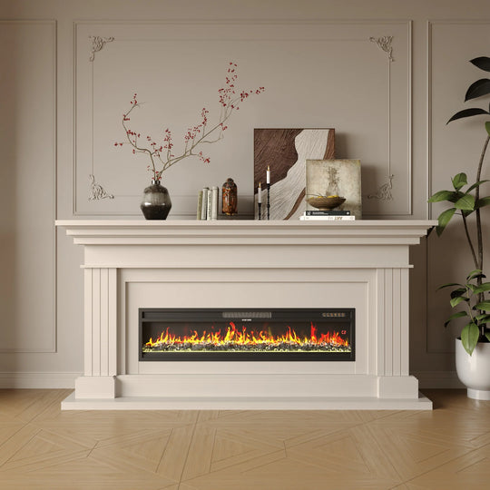 Modern Black Fireplace TV Stand Combo,Remote Fireplace Heater,2 Drawers,Light Strip & USB