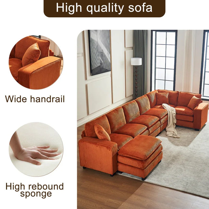 Modern U-Shaped 6-Seater Sectional Sofa with One Footstool