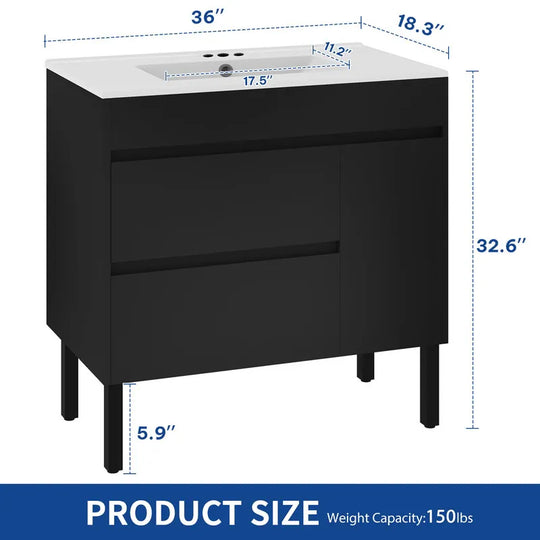 37" Freestanding Single Bathroom Vanity with 1 Soft Closing Cabinet & 2 Drawers