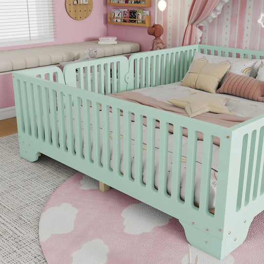 Full Size Montessori Floor Bed Frame with Safety Rails and Removable Door, Low Profile Kids Bed with Slatted Support