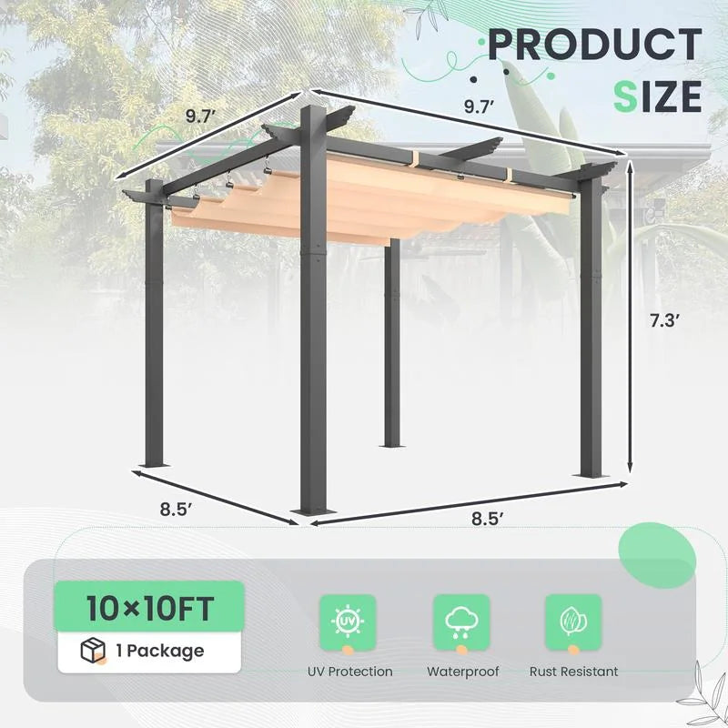 10' X 13' Outdoor Pergola with Retractable Canopy, Heavy-Duty Metal Frame and Adjustable Patio Shade Roof