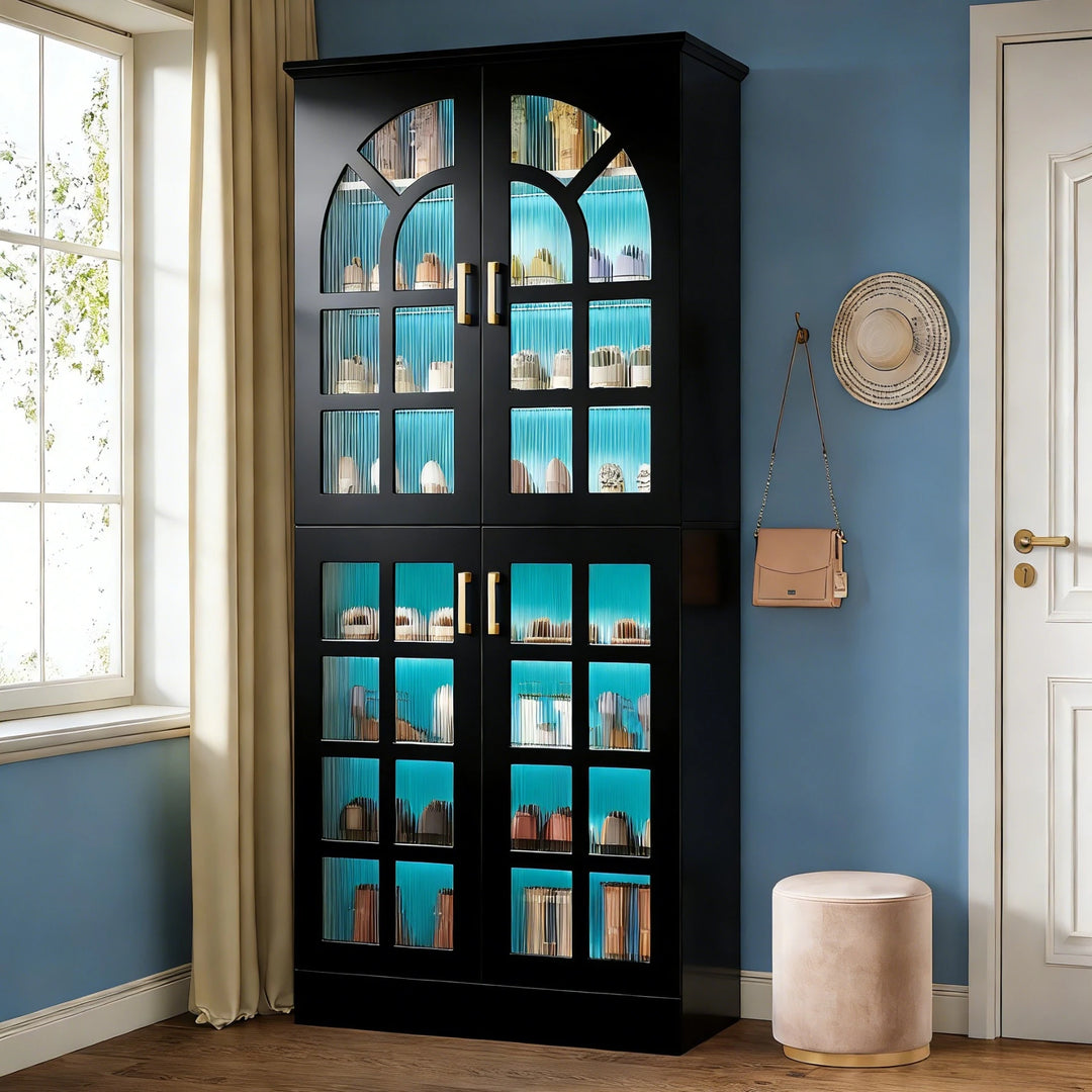 35 Pairs Tall Shoe Storage Cabinet with Doors, 8 Tiers Shoe Rack Organizer with LED Light and Adjustable Shelves for Entryway