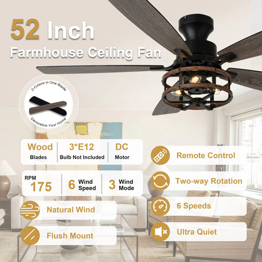 52-In Farmhouse Black Caged Ceiling Fan with Lights and Remote Control, Low Profile Flush Mount Chandelier Ceiling Fan