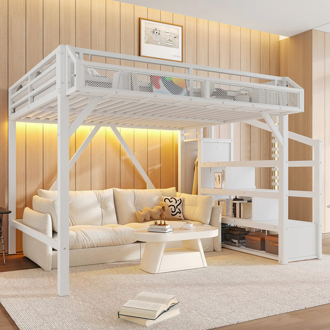 Queen Loft Bed with Storage Stairs, Shelves and Built-In Wardrobe, with USB Ports and LED Lights, Noise-Reduced Design