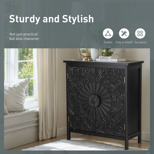 Vintage 2-Door Black Flower Carving Handle Distressed Storage Cabinet