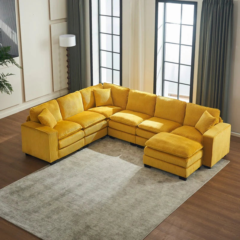 Modern U-Shaped 6-Seater Sectional Sofa with One Footstool