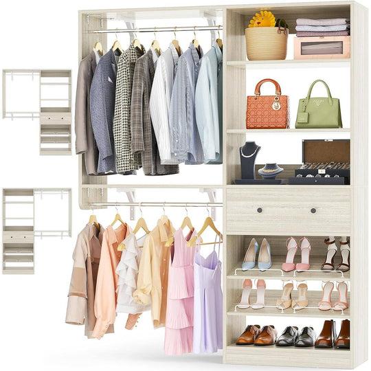 5FT Closet System with 2 Hanging Rods and Wooden Drawer, Walk-In Closet Organizer with 2 Wing Shelve and Adjustable Rack Shelves