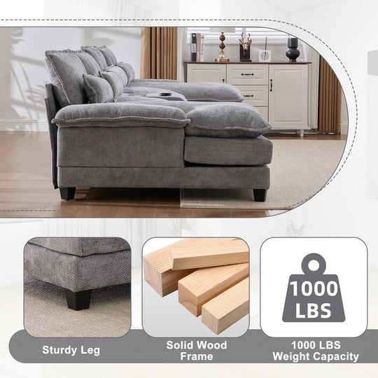 6-Seat Chenille Upholstered Modern U-Shaped Sectional Multifunctional Sofa with 2 Cup Holders,Pull-Out Storage Space